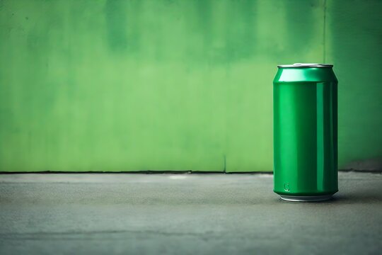 green colored regular 33cl beverage canin front of concrete wall background , blank packaging advertising template