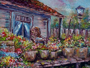 Original art painting Oil color flower in garden
