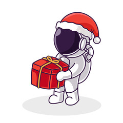 Little Cute Astronaut Kids carry christmas gift. Cartoon Logo Illustration Design. Isolated Premium Vector File, background is easy to edit. Can use for Icon, Logo, banner, flyer or any design project