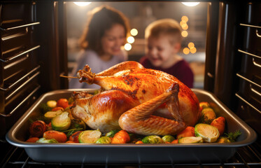 Mother and daughter look at the stuffed Thanksgiving turkey in the oven for Thanksgiving or Christmas dinner with various vegetables. Cooked at home. View from inside the oven. - obrazy, fototapety, plakaty