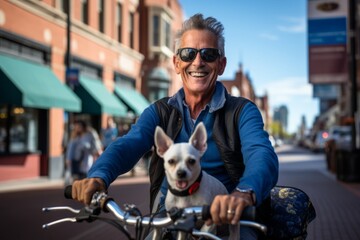 Senior man with his chihuahua dog on a bike in the city