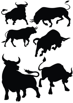 Six Bull animal images power pose. Black and white vector illustration