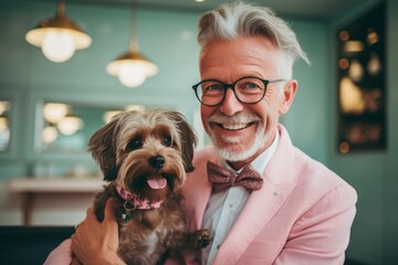 Portrait of a senior man with his yorkshire terrier dog.