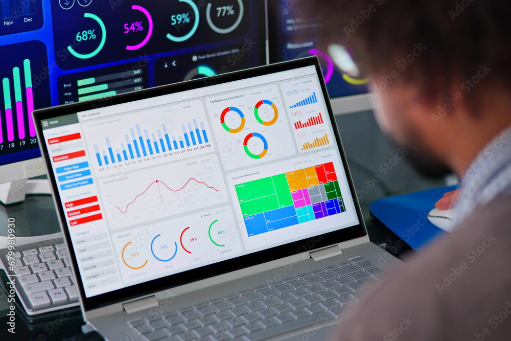 Poster African Businessman Using Analytics Data KPI Dashboard