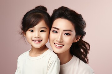 Fashion smiling mother holding her kid on solid color background, love concept