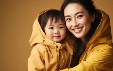 Fashion smiling mother holding her kid on solid color background, love concept