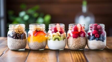 A set of mason jars filled with overnight oats, chia seeds, yogurt, and fresh fruit