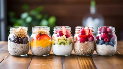 Fotobehang A set of mason jars filled with overnight oats, chia seeds, yogurt, and fresh fruit © Visual Aurora