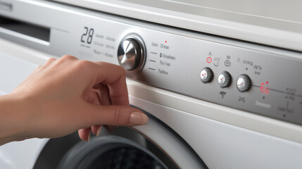 Woman switching on washing machine close up view