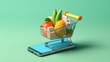 An image of a smartphone displaying a food delivery app with a shopping cart icon,