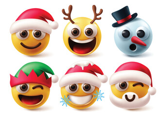 Christmas emoji characters vector set. Christmas emojis and emoticons character like santa claus, reindeer, snowman and elf in happy, funny and smiling facial expression. Vector illustration emojis 