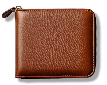 brown leather wallet portrait with front view, single mockup template design with high image quality, isolated on transparent background, generative ai