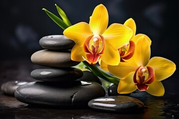 Beautiful orchids and stones for spa treatments and relaxation	