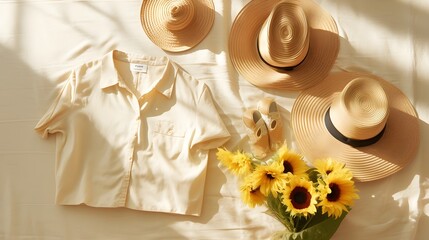 Summer fashion staples, such as breezy linen shirts, straw bags, and espadrilles for a beachy vibe