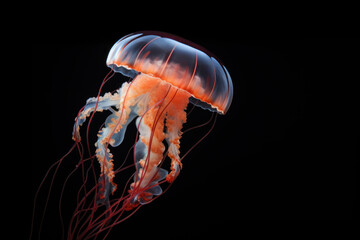Lilac jellyfish with thin threads in dark transparent ocean water	
