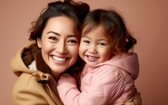 Fashion Smiling Mother Holding Her Kid On Solid Color Background, Love Concept