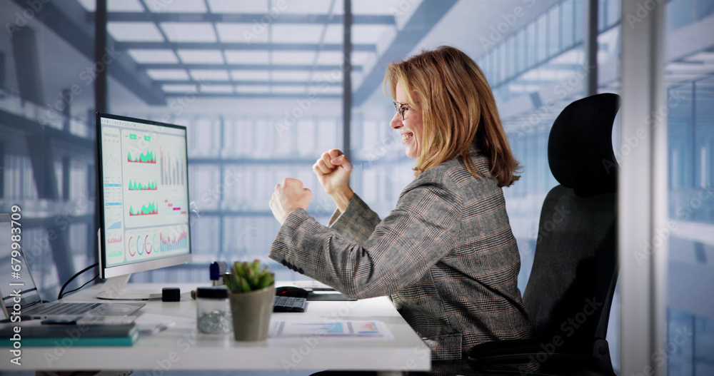 Poster Excited Business Analyst Using Computer Data