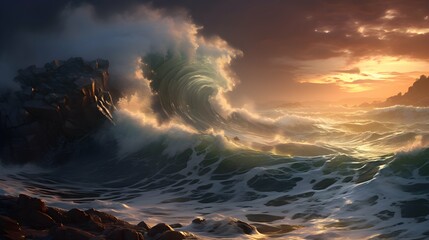 The waves crashing on the shore created a mesmerizing scene, - obrazy, fototapety, plakaty