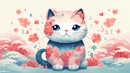 Lucky cat. Colorful cute screen risograph printing effect. Riso print effect.