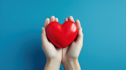 Young women hands holding red heart, health care, donate and family insurance concept, world heart day, world health day. isolated on blue background