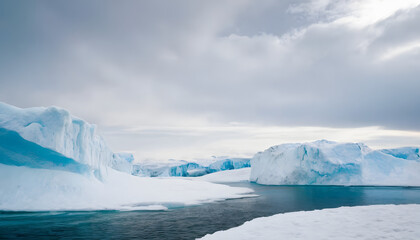 Expansive Arctic Landscape with Towering Ice Formations and Distant Snowy Peaks, Ideal Backdrop for Cold or Frozen Product Advertisement