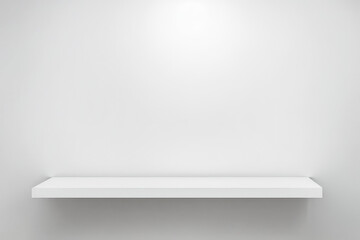 Empty white shelf on white wall background. White shelf mockup. Empty shelves template. Product Presentation Backdrop