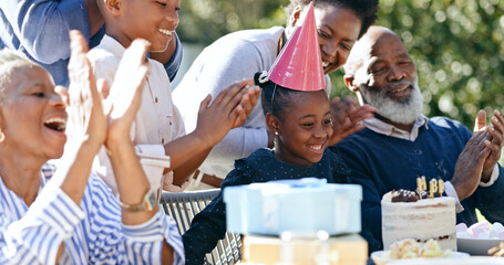 Child, grandparents or black family in backyard for a happy birthday, celebration or growth together. Smile, clapping or excited African people with cake, love or kids in a fun party, nature or park - obrazy, fototapety, plakaty