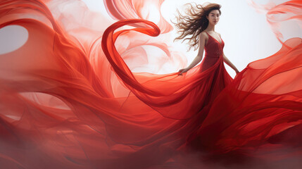 Fototapeta premium Chinese fashion girl wear flowing silk skirts and flowing red silk ribbons