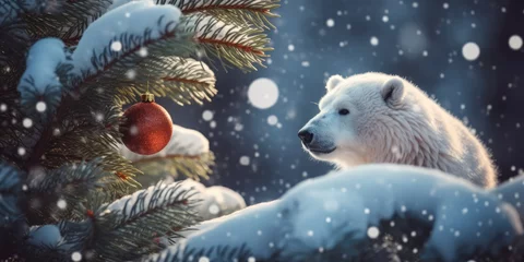 Schilderijen op glas Polar Bear and Christmas tree with Christmas decorations in snow. Christmas and New Year background. Cute Christmas Animal Banner. White Bear in Snowy Winter Forest at night © maxa0109