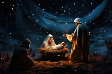 Fototapeta na wymiar Nativity story - Joseph, Mary and newborn baby Jesus Christ. Christian Christmas scene with holy family in dark blue night. Birth of Salvation, Messiah, Emmanuel, God with us
