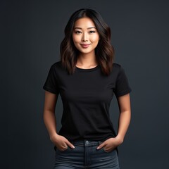 25 year old asian woman wearing a plain black tshirt on a studio background - mockup template