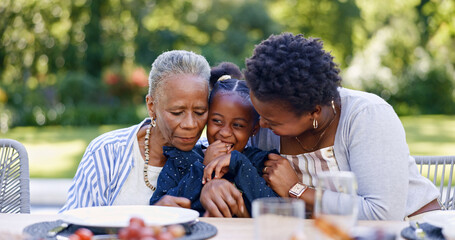 Grandmother, mother and daughter for hug in garden, smile and lunch for relax together with love....