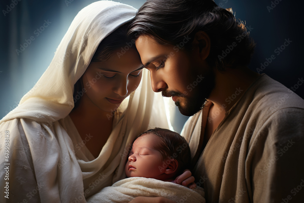 Poster nativity scene with mary, joseph and newborn baby jesus. christian christmas scene with holy family.