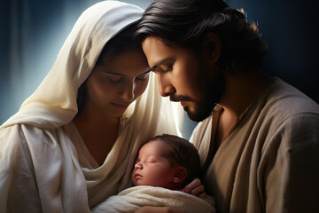 Nativity scene with Mary, Joseph and newborn baby Jesus. Christian Christmas scene with holy family. Birth of Salvation, Messiah, Emmanuel, God with us © jchizhe