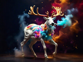 reindeer surrounded by colorful smoke