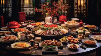 the dining table is set with a lavish spread of traditional Chinese dishes