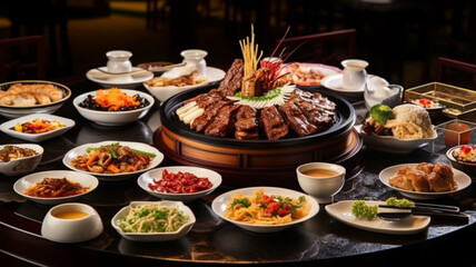 the dining table is set with a lavish spread of traditional Chinese dishes