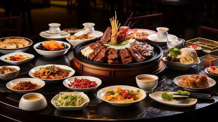 Fototapeta premium the dining table is set with a lavish spread of traditional Chinese dishes