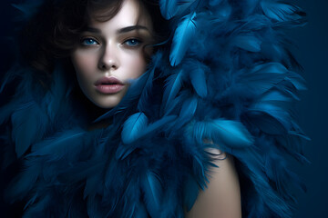 Fashion editorial Concept. Closeup portrait of stunning pretty woman with chiseled features, surround in blue soft feathers boa. illuminated dynamic composition dramatic lighting. copy space
