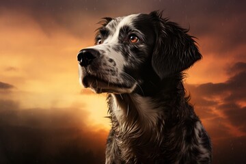 portrait of a dog on a sunset