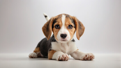 A cute, lively, irresistible puppy. This adorable puppy jumps in the air, showing his boundless joy and playfulness.