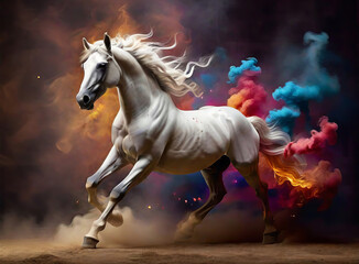 A white horse ran through the multi-colored smoke.