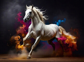 Obraz na płótnie Canvas A white horse ran through the multi-colored smoke.