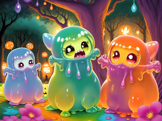 Cute Slime Creatures Celebrating