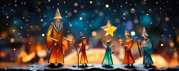 The Christmas nativity scene. Group of miniature stained glass figures stand in the snow.