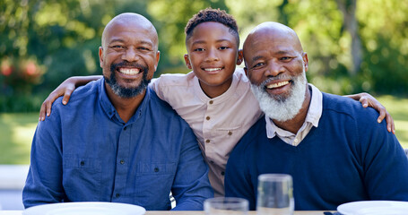 Happy family, portrait and generations of men in nature, summer vacation and memory together with love. Black people, dad or son with grandpa for smile, face or garden lunch to relax bond in park - obrazy, fototapety, plakaty