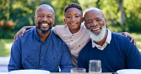Foto op Canvas Happy family, portrait and generations of men in nature, summer vacation and memory together with love. Black people, dad or son with grandpa for smile, face or garden lunch to relax bond in park © Charlize D/peopleimages.com