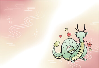 辰年の年賀状　辰と梅の花　横