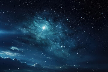 Christmas night. Comet star in night starry sky of Bethlehem. Nativity scene. Jesus Christ birth. The star shines over the manger of Jesus Christ. - obrazy, fototapety, plakaty