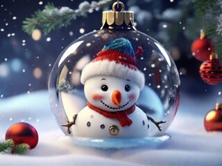 Happy snowman in the christmas bauble over the winter.